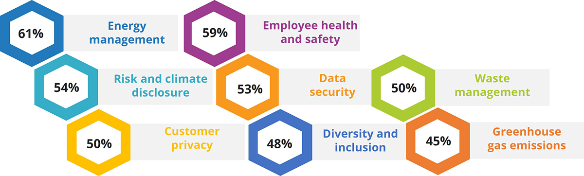 Infographic showing commonly tracked esg metrics and their corresponding percentage values