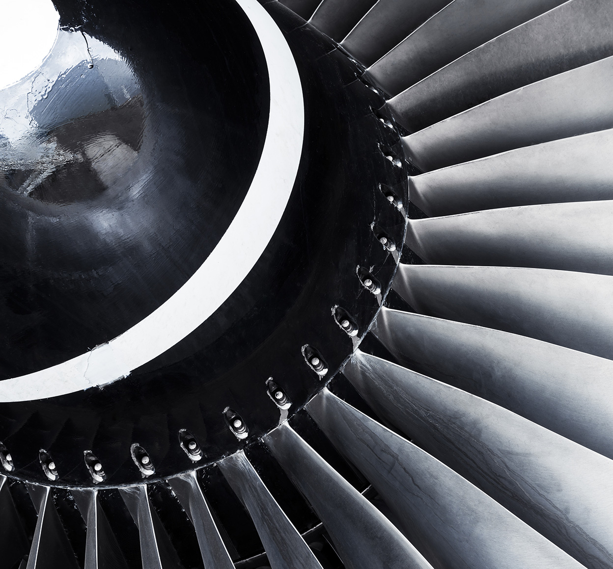 Close-up of an Aircraft Jet Engine Turbine in Monochrome Colors