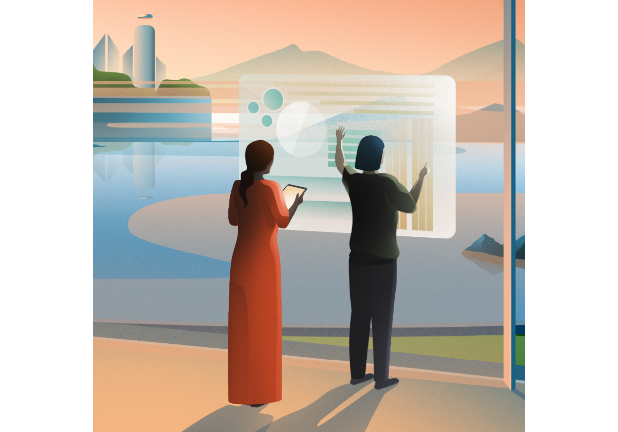 Futuristic office scene where businesswomen peruse an analytics screen projected on a window.