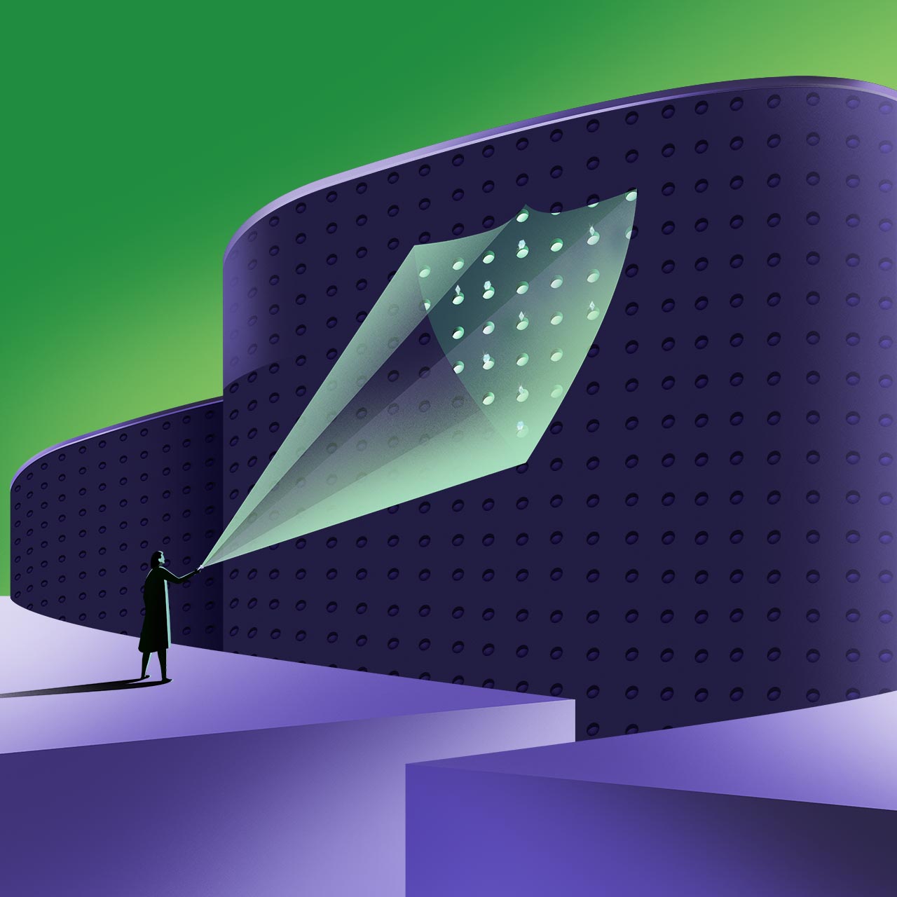 Illustration of a person casting a shield onto a building.