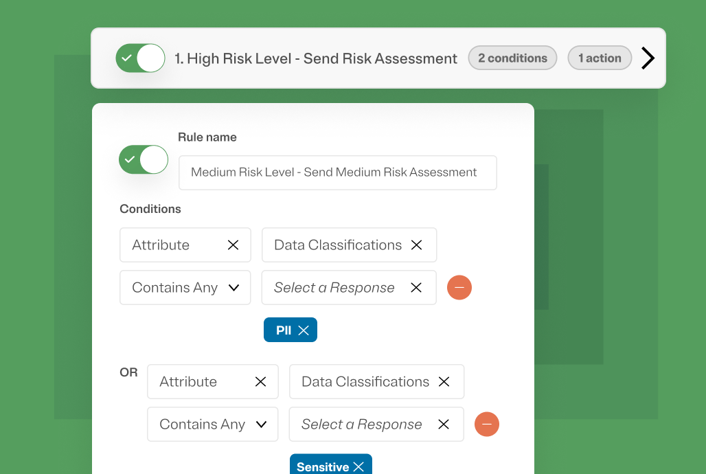Graphic depicting creating a new rule to automate risk responses within the OneTrust platform